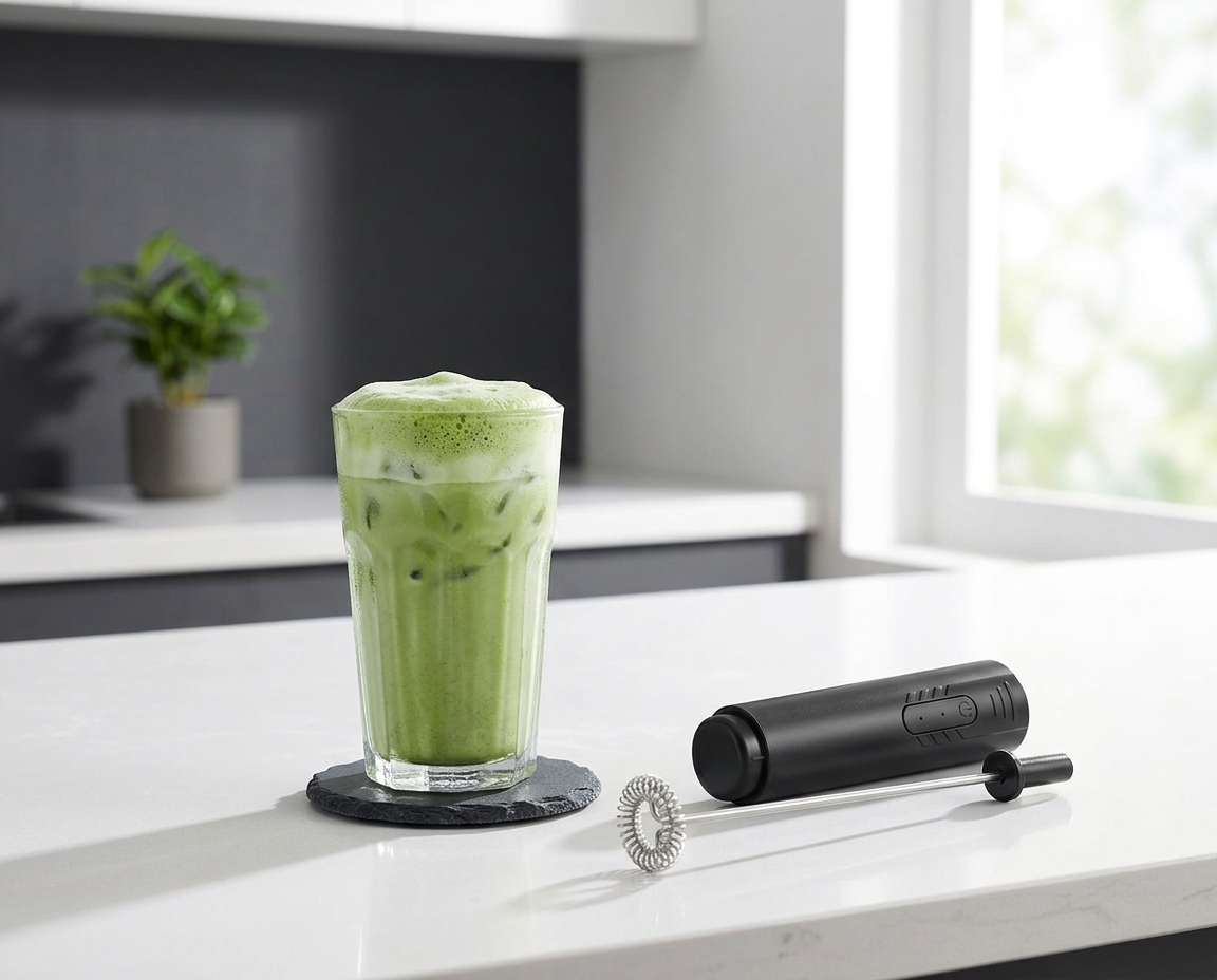Black handheld frother beside an iced matcha latte