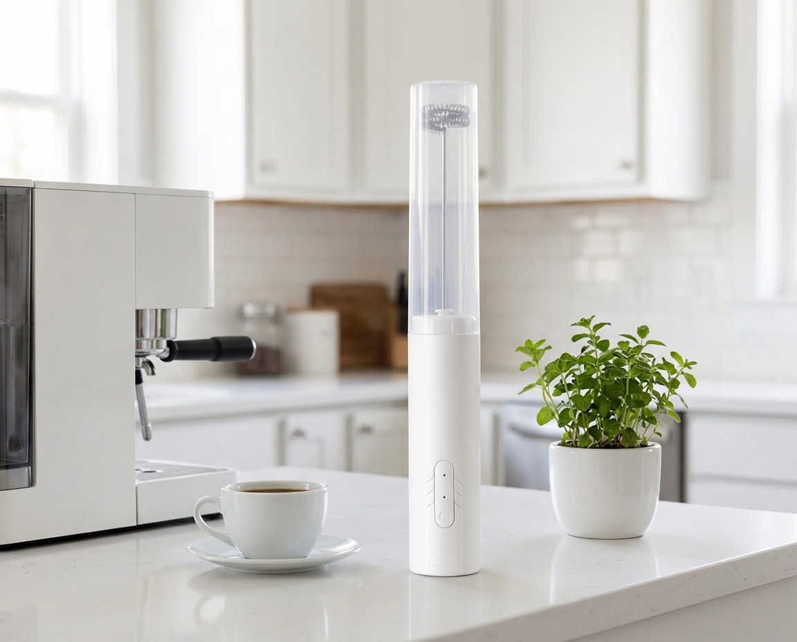 White handheld milk frother stored upright with its clear dust cover