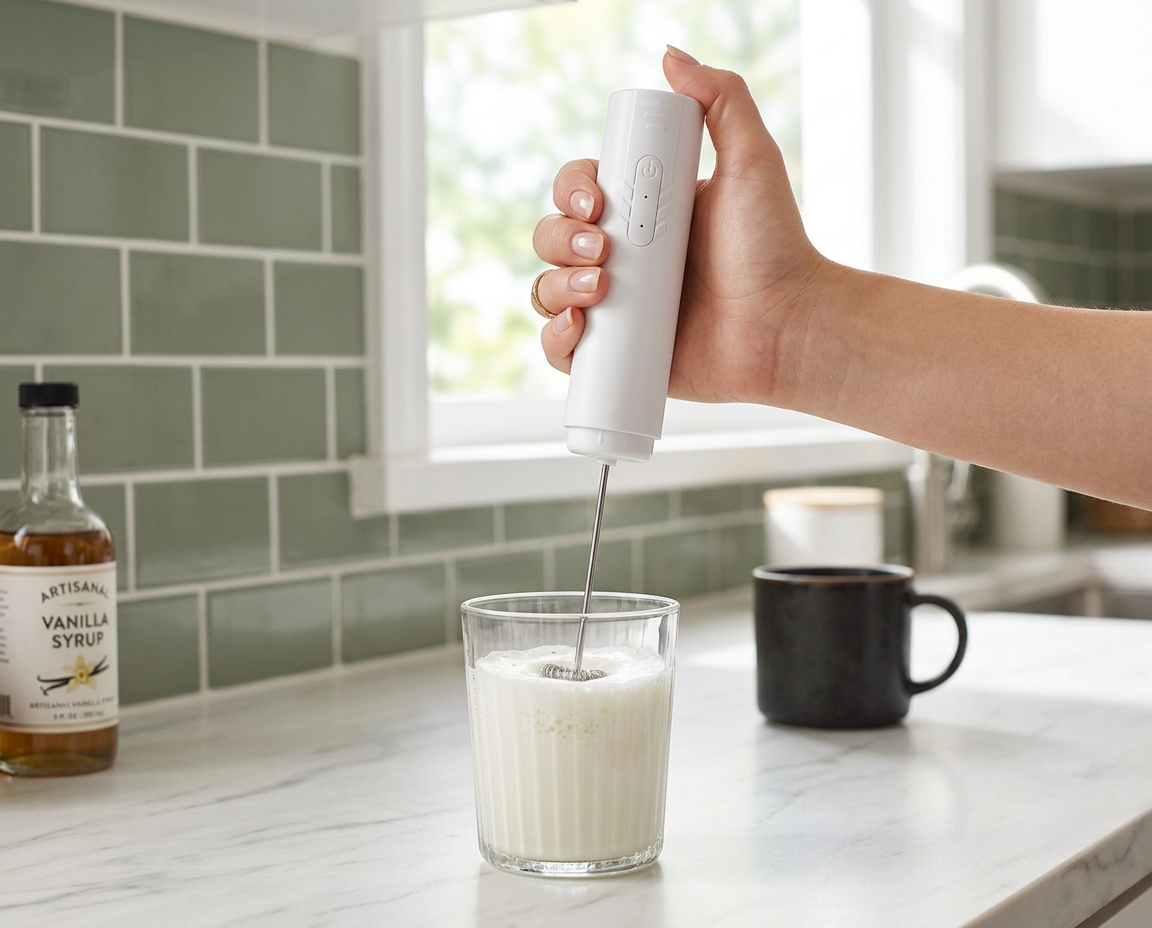 Handheld milk frother making thick foam for a latte