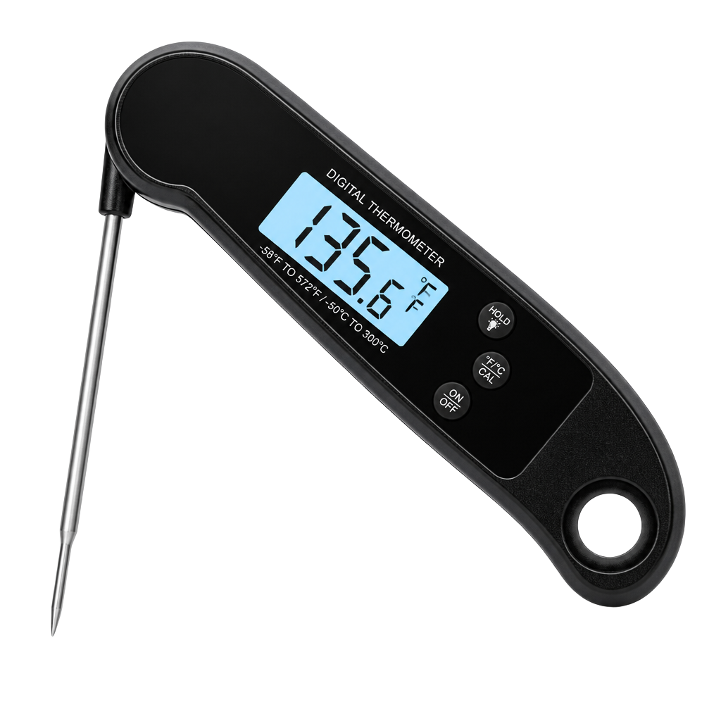 CookFest folding food thermometer with backlit display and foldable stainless probe